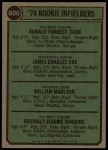 1974 Topps #600   -  Bill Madlock / Ron Cash / Jim Cox / Reggie Sanders Rookie Infielders Back Thumbnail